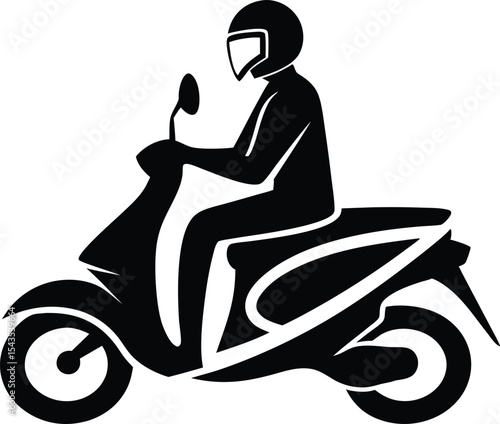 Silhouette of Scooter Rider Wearing Helmet – Black and White Vector Illustration