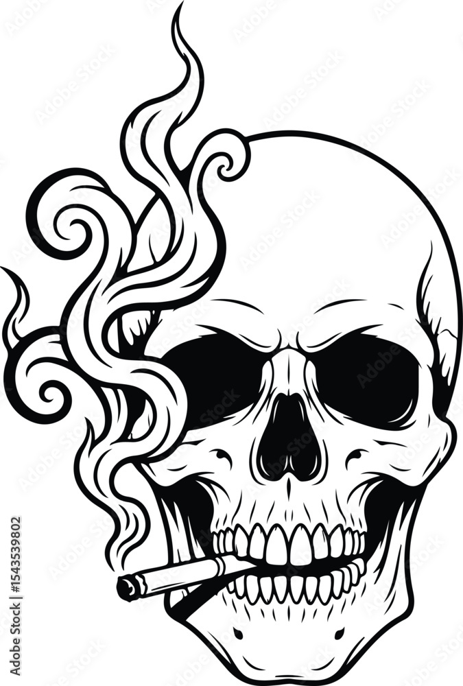 Fototapeta premium Smoking Skull with Cigarette - Black and White Vector Illustration. 