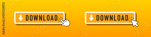 Download buttons with hand and cursor icons on orange gradient background, indicating interactive click action for digital content or file download.