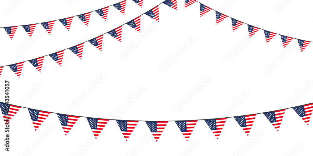 Obraz premium Patriotic bunting with American flag pennants in red, white, and blue—ideal for festive USA-themed celebrations and national holidays.