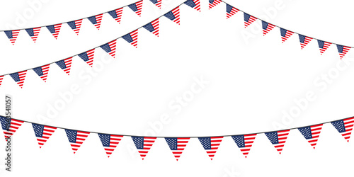 Patriotic bunting with American flag pennants in red, white, and blue—ideal for festive USA-themed celebrations and national holidays.
