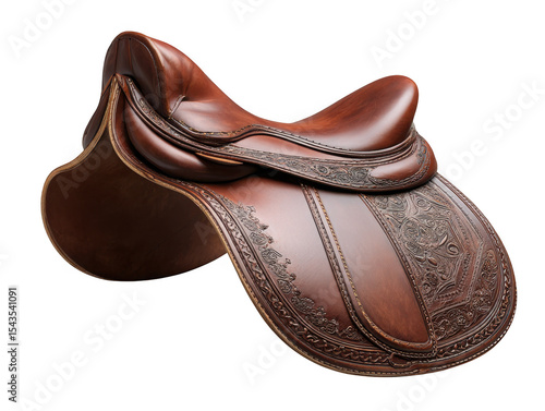 Ornate brown leather horse saddle isolated on transparent background