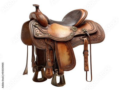 Ornate western leather saddle isolated on transparent background