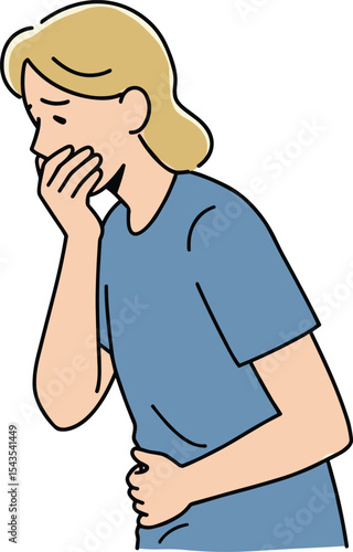 Young Woman Experiencing Nausea and Vomiting, Feeling Unwell, Suffering from Sickness, Indigestion, or Stomach Discomfort.