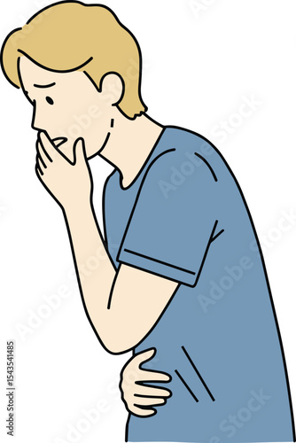 Young Man Experiencing Nausea and Vomiting, Feeling Unwell, Suffering from Sickness, Indigestion, or Stomach Discomfort.