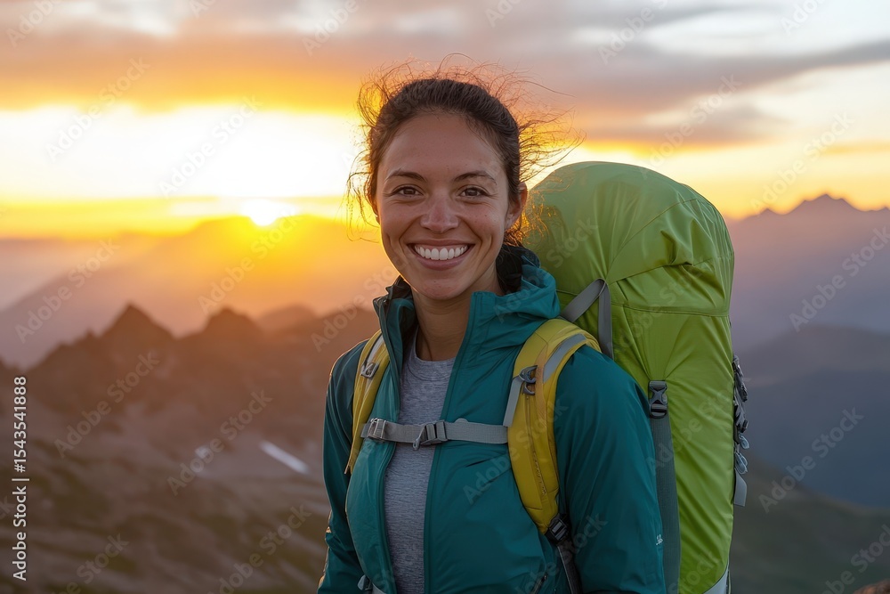 Woman with a backpack smiles on a mountaintop at sunrise. Woman with a backpack smiles on a mountaintop at sunrise.