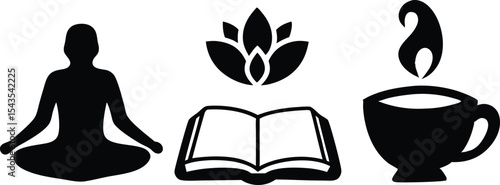 Mindful Living Icons – Meditation, Nature, Reading, and Tea Symbols for Wellness & Relaxation