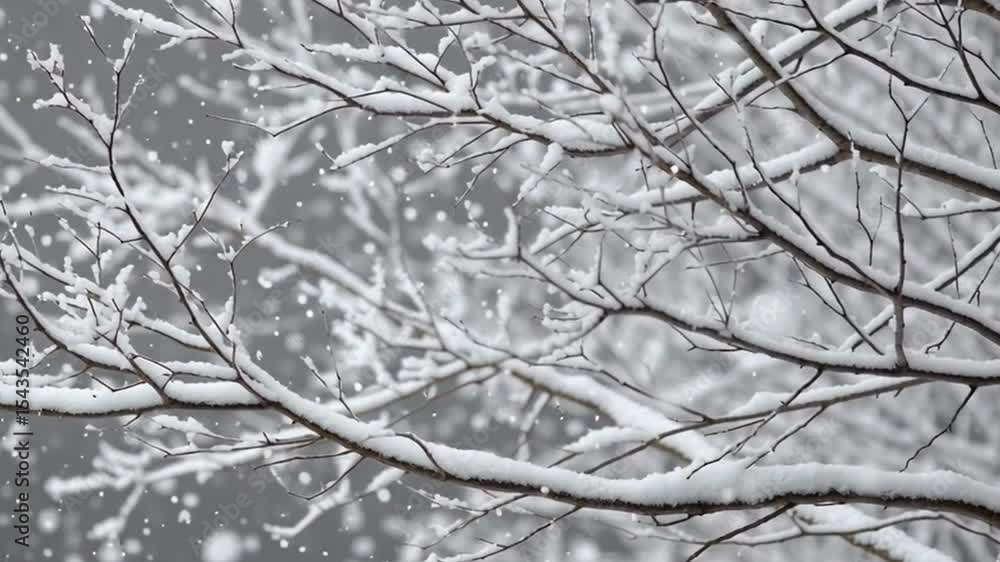 Snow-covered branches with soft falling snow in winter landscape Snow-covered branches with soft falling snow in winter landscape