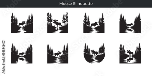 Elegant moose silhouette designs featuring nature scenes of forests and rivers in various styles