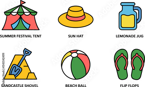 Summer essentials icon set with beach tent sun hat lemonade jug flip flops beach ball and shovel graphics  