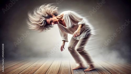 Eine ältere Frau, taumelt und schwankt nach vorne, Schwindel, sie kann sich nicht auf den Beinen halten.