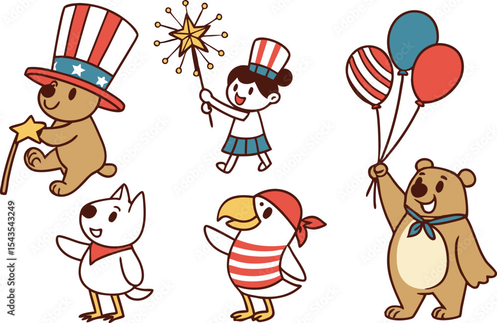 Naklejka premium Independence Day Clipart Set in Patriotic Style. 4th of July Independence Day Graphic Elements. American Independence Day Icons and Designs. Flat Design Independence Day Illustrations
