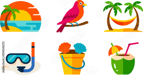 Minimal summer flat illustrations with wave bird fruit drink diving gear and vacation symbols  