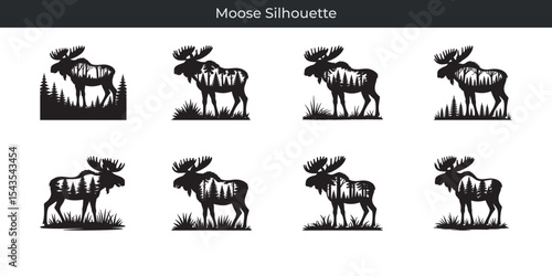 Artistic black and white moose silhouette design with forest scene and antlers