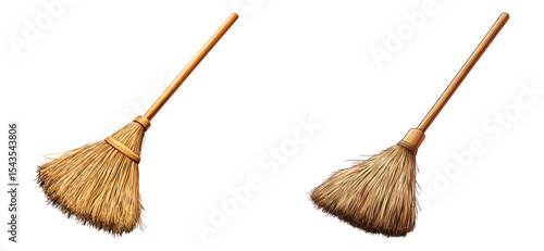 Set of two traditional straw brooms isolated on transparent PNG background perfect for cleaning or home tool illustrations
