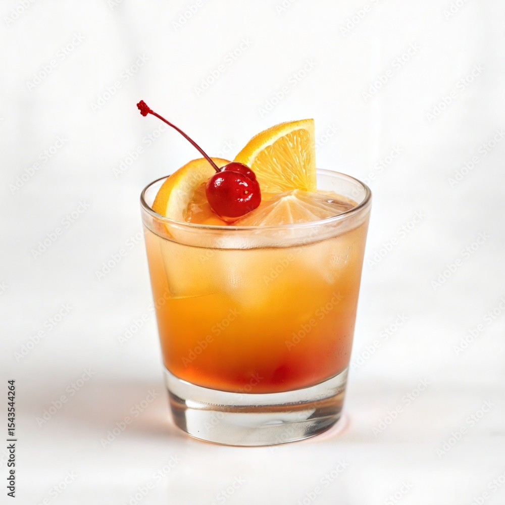 Refreshing whiskey sour cocktail garnished with orange slice and maraschino cherry on white Refreshing whiskey sour cocktail garnished with orange slice and maraschino cherry on white