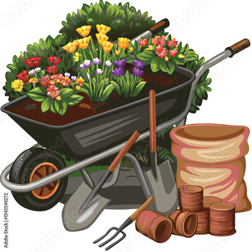Wheelbarrow Filled with Flowers and Gardening Tools for Springtime Projects