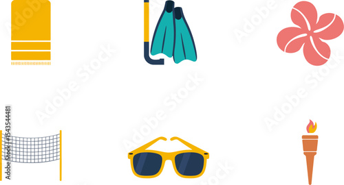 Simple summer icons with flippers goggles flower sunglasses sunhat and torch in clean flat design  