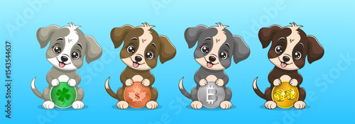 Vector collection of cartoon lucky sitting cute funny smiling puppies with coins. Green four-leaf clover, bronze Canadian dollar, silver bitcoin and gold dice. Set cuddly toon doggies stickers
