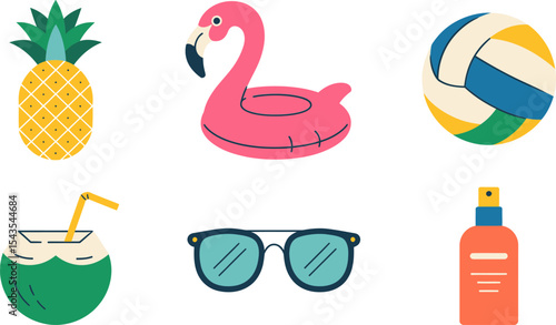 Cool beach vacation icons including pineapple drink flamingo coconut sunglasses and tanning lotion  