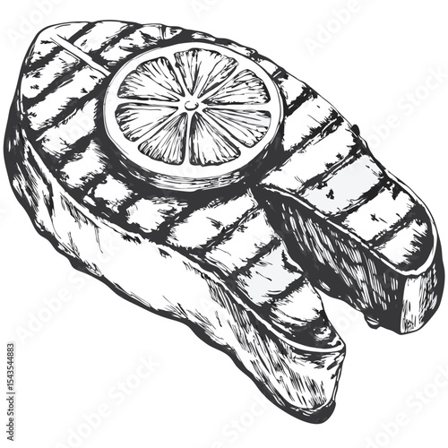 Hand Drawn Illustration of Grilled Salmon Steak with Lemon Slice