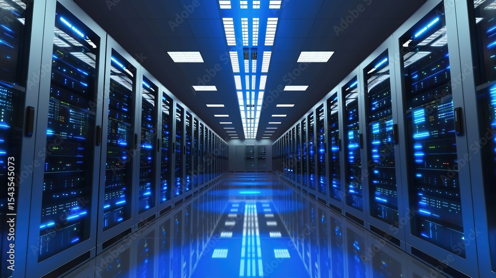 Fototapeta premium Data Center Server Room Background: High-Tech Infrastructure, Cooling Systems, and Networking Environments