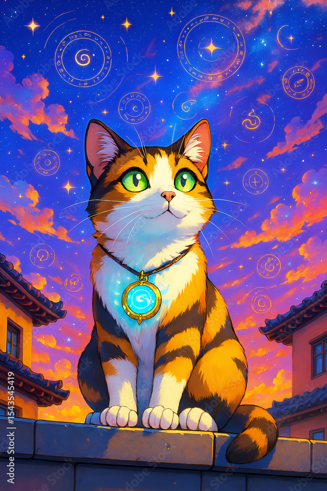 Obraz premium Abstract anime cat on the roof at sunset Ai