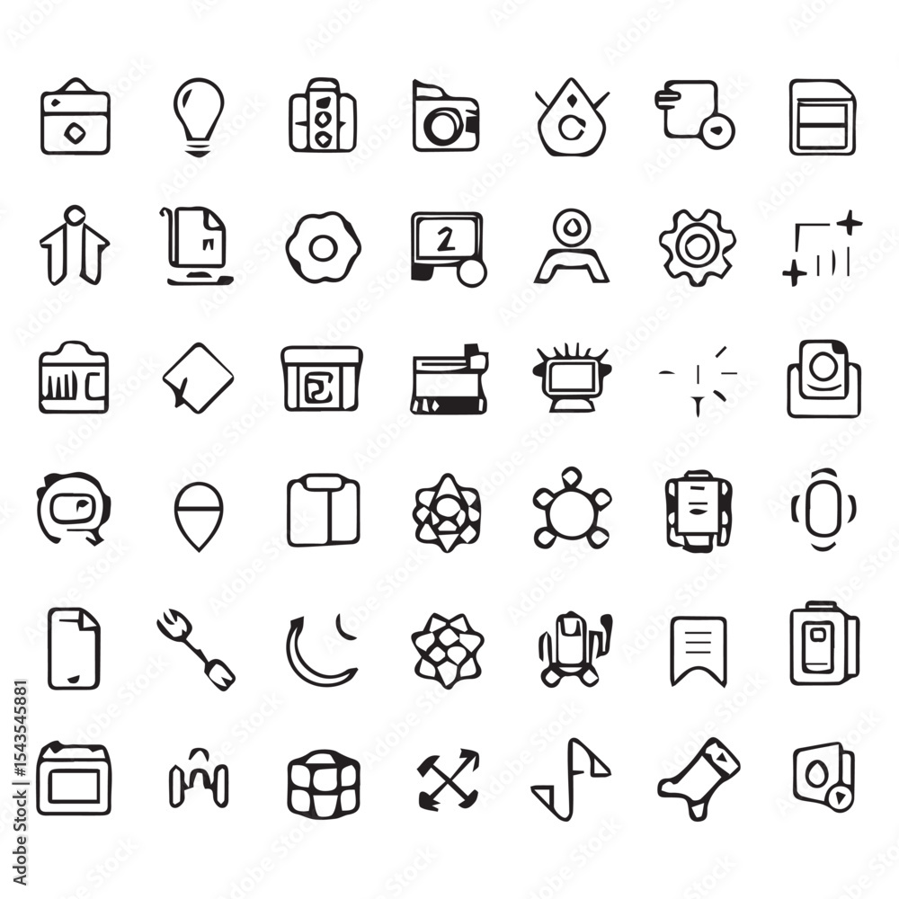 Hand drawn doodle style icon set for technology and design Hand drawn doodle style icon set for technology and design