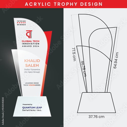 Acrylic Trophy Design for Global Tech Innovation Award - 3D Render and Blueprint