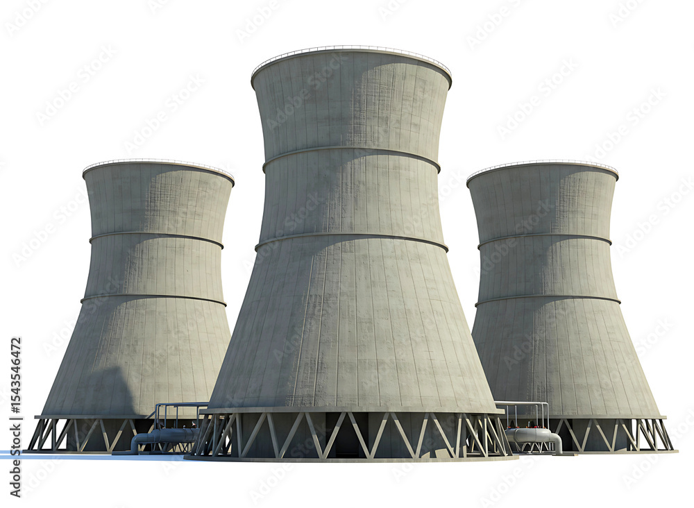 Fototapeta premium Three cooling towers nuclear power plant isolated on transparent background