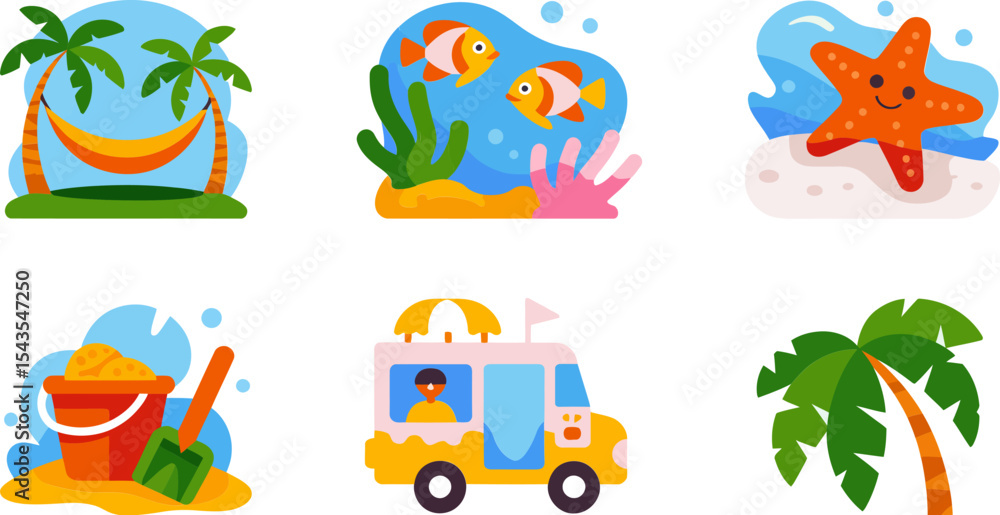 Obraz premium Smooth summer icons with jungle hammock starfish pool float van umbrella and palm tree combination 