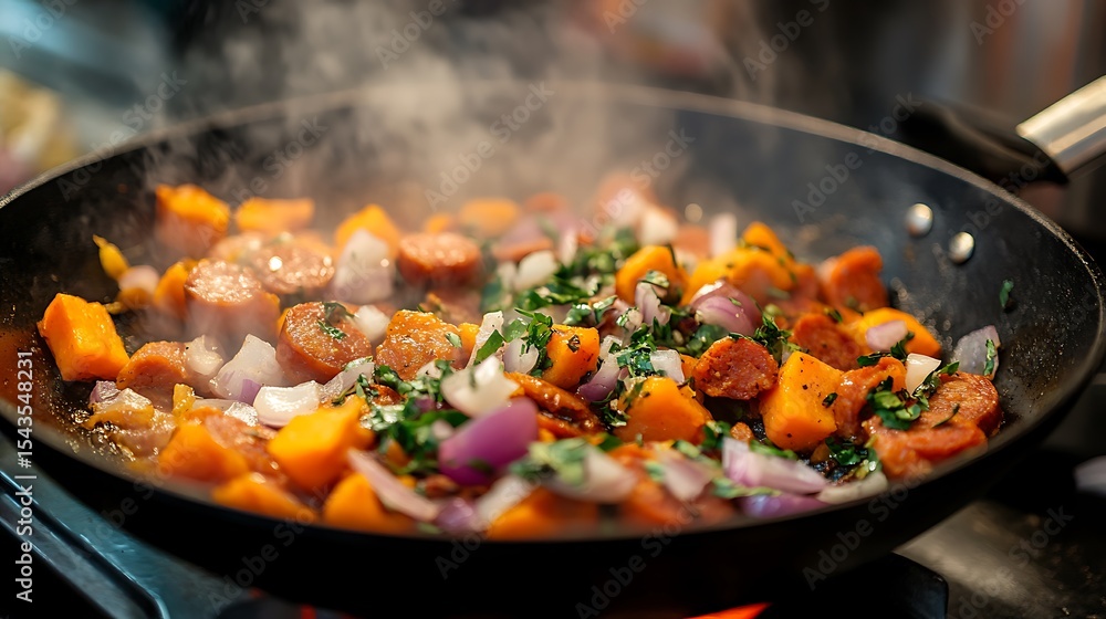 Pan of chorizo sausage sweet potatoc arrot onion and herbs cooking Pan of chorizo sausage sweet potatoc arrot onion and herbs cooking