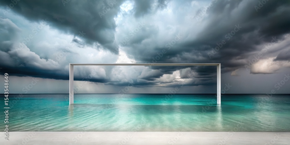 Obraz premium Serene Coastal Vista Framed by Minimalist Structure Under a Dramatic Sky