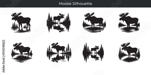 Elegant moose silhouette designs featuring forest and wilderness elements for various creative projects
