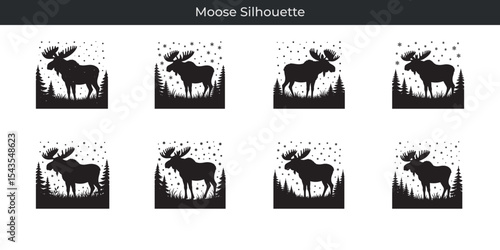Elegant moose silhouette illustration depicting wildlife in a wintery landscape with stars
