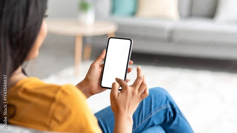 Relaxed woman using smartphone with blank screen at home, mobile technology concept Relaxed woman using smartphone with blank screen at home, mobile technology concept