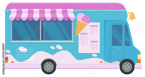 Side view of a blue and pink ice cream truck in flat design style (cut out)