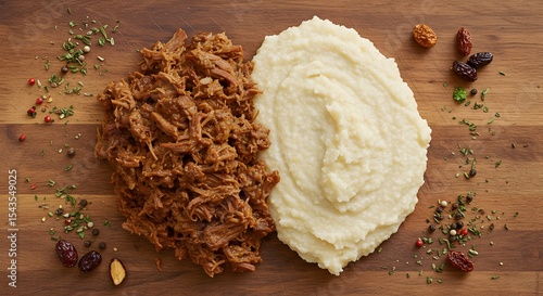 Top view of Seswaa (shredded slow-cooked beef) served with pap (maize porridge), arranged off-center using rule of thirds, rustic wooden background 2
