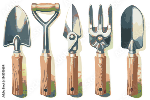 Collection of Garden Tools with Wooden Handles on White Background