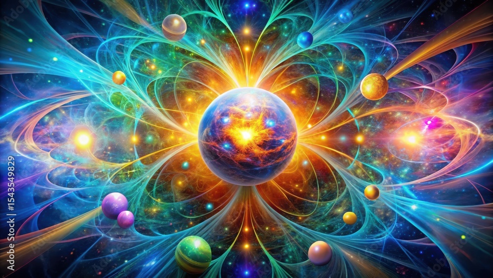 Obraz premium A Cosmic Dance of Celestial Bodies and Energetic Filaments, a Vibrant Symphony of Light and Color in the Vast Expanse of the Universe