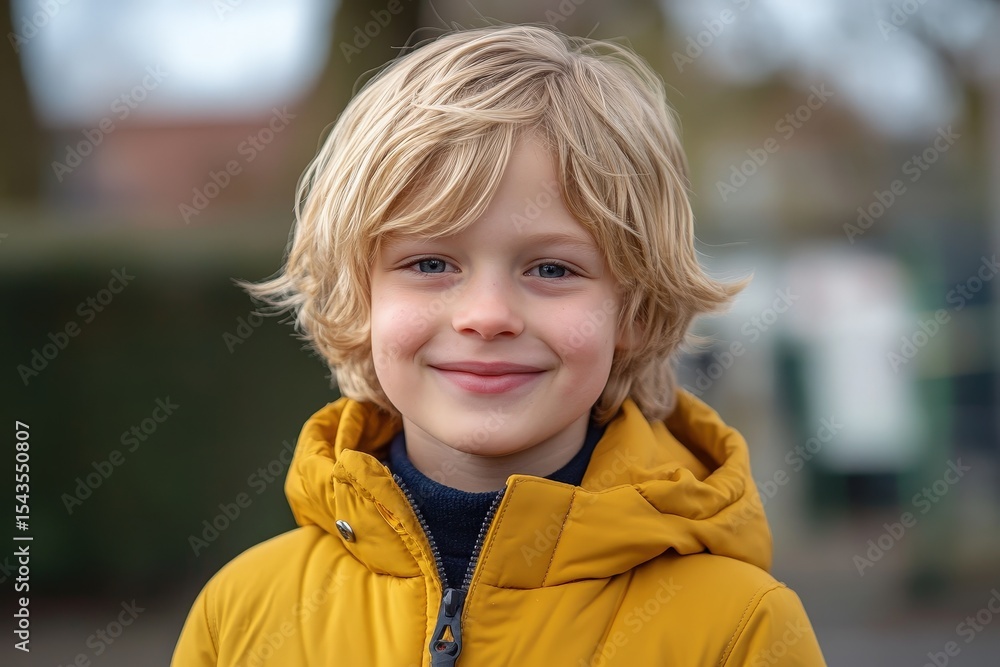 Portrait of a smiling young boy wearing a mustard yellow jacket. Portrait of a smiling young boy wearing a mustard yellow jacket.