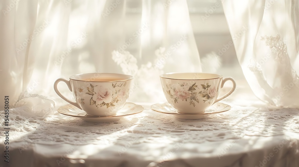 Fototapeta premium Two delicate china teacups sit on an antique lace tablecloth in front of bright.
