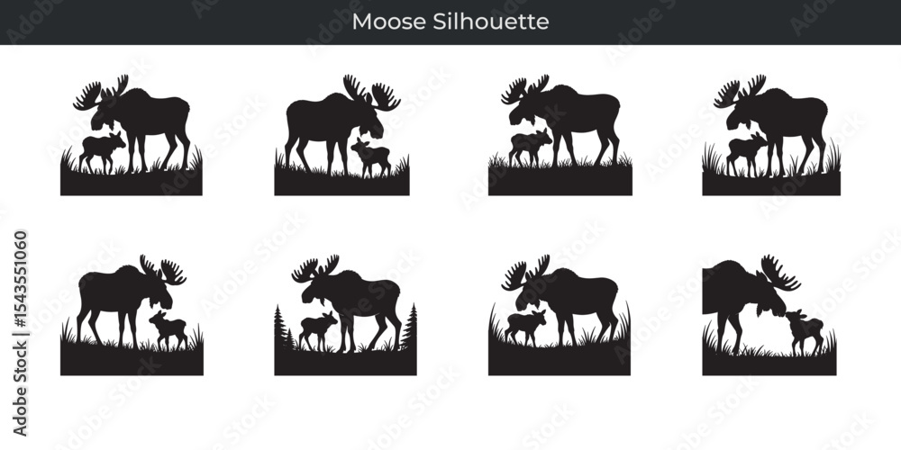 Obraz premium Black moose silhouette showing a parent and calf standing in a natural environment