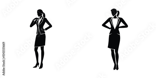 Leadership Businesswoman in Sheath Dress Standing Silhouette on White Background