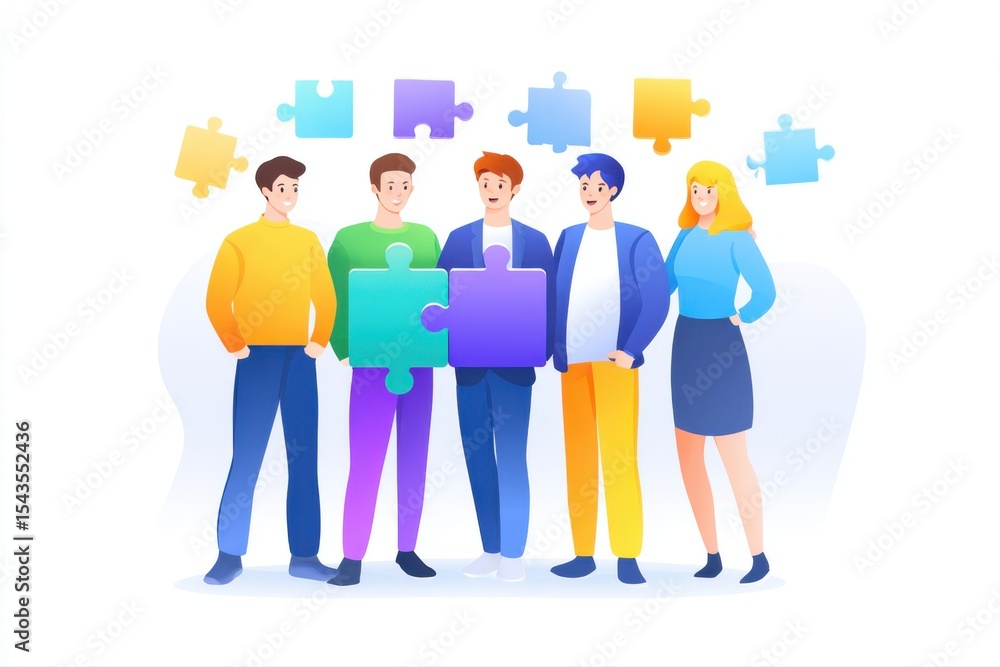 A group of diverse people working together to connect puzzle pieces, symbolizing teamwork and collaboration in problem-solving. A group of diverse people working together to connect puzzle pieces, symbolizing teamwork and collaboration in problem-solving.