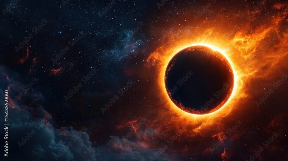 Fototapeta premium Majestic solar eclipse illuminating the night sky with vibrant colors and cosmic clouds at an enchanting location