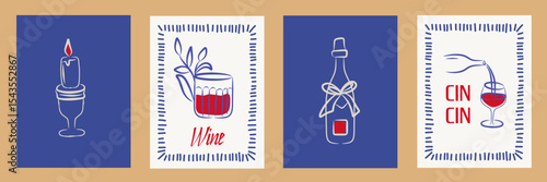 Elegant frame set vector minimal holiday invitation border, feminine doodle print, wine glass, candle, cocktail, alcohol drinks. Abstract poster design for wedding frame, wall art, branding, poster.