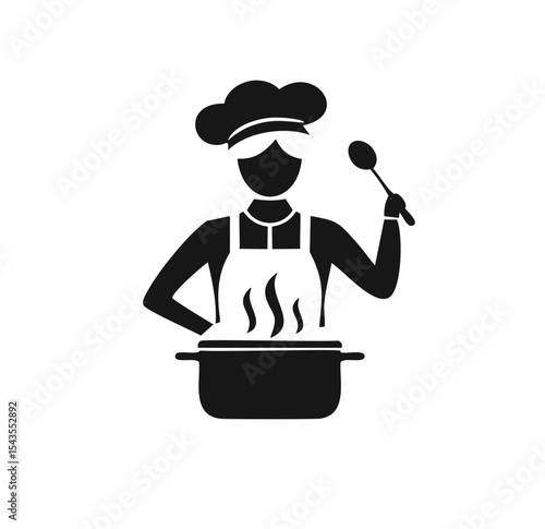 Woman chef cooking in kitchen pot with spoon
