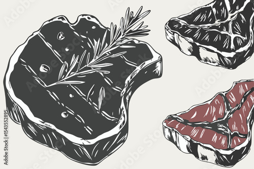 Hand Drawn T Bone Steaks with Rosemary Branch Illustration