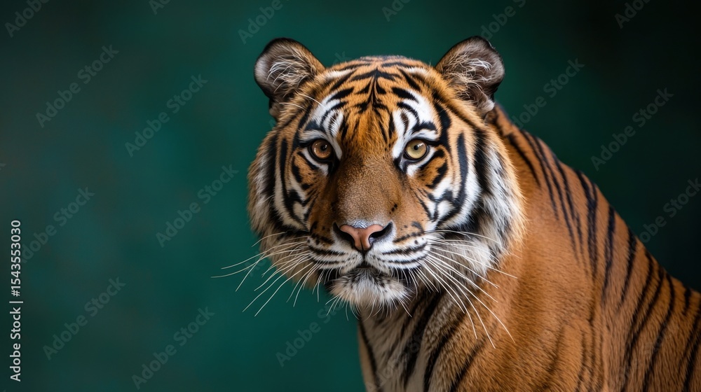 Naklejka premium Striking portrait of a majestic tiger with a blurred green background during a calm moment in a sanctuary